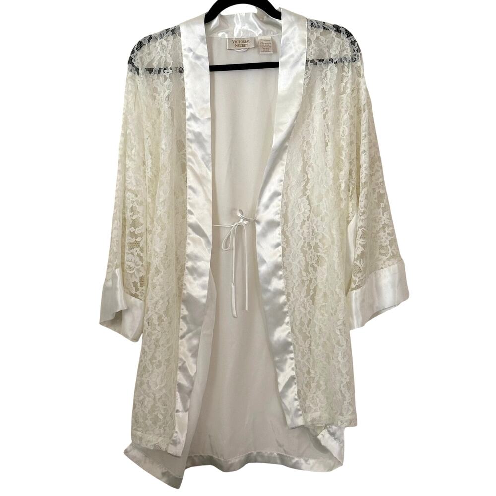 Victoria's Secret 90s Ivory Lace Satin Tie Front Robe OS Vintage Bridal Retro